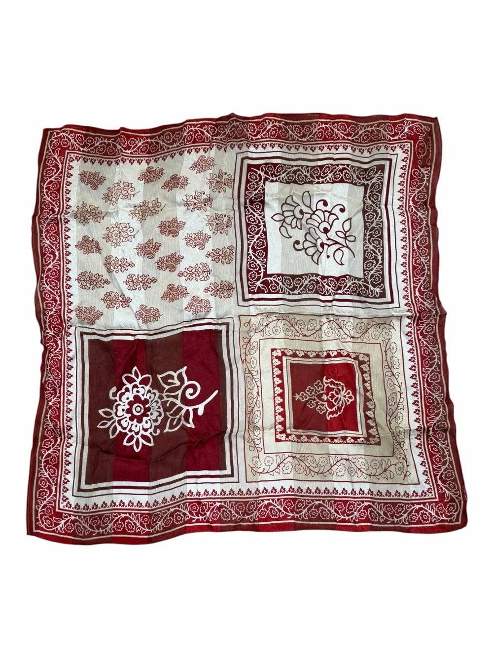 Oscar by Oscar De La Renta Red and Cream Patchwork Design Square Scarf